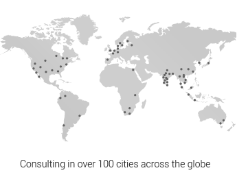 World map showing that HFI has consulted in over 100 cities across the world.